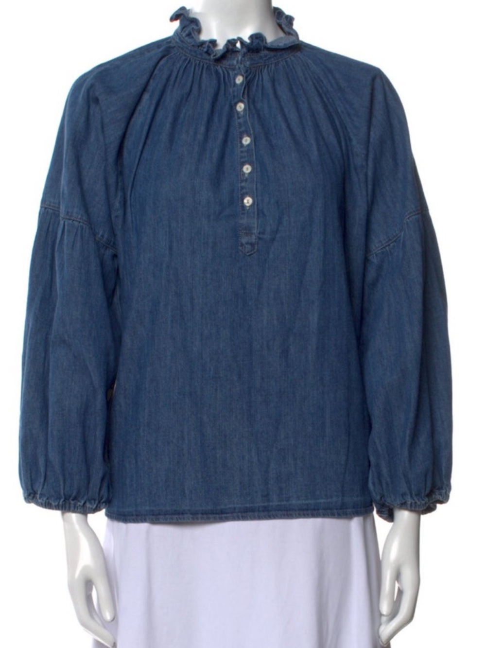 Apiece Apart Mock Neck Three-Quarter Sleeve Blouse in denim